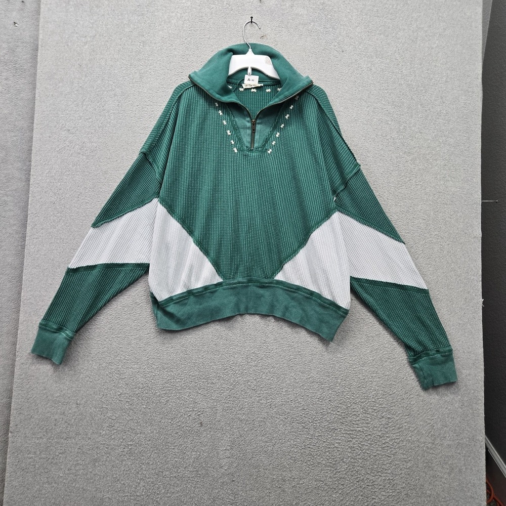 We The Free Women Sweater LARGE Green Colorblock Oversized Zipper Stretch